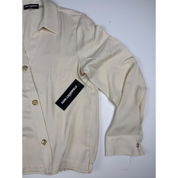 Karl Lagerfeld Paris Women's Cream V-Neck Button Front Blouse Size M - Picture 6 of 11